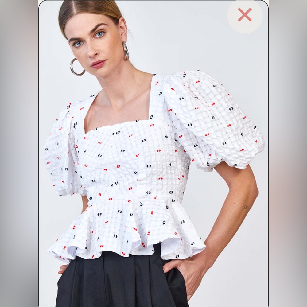 HUNTER BELL White Eyelet Puff Sleeve Peplum Top with Red & Navy Accents